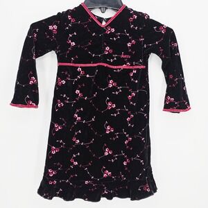 Y2K Guess Kids Girls Black Velvet‎ Floral Print Long Sleeve Dress 4T